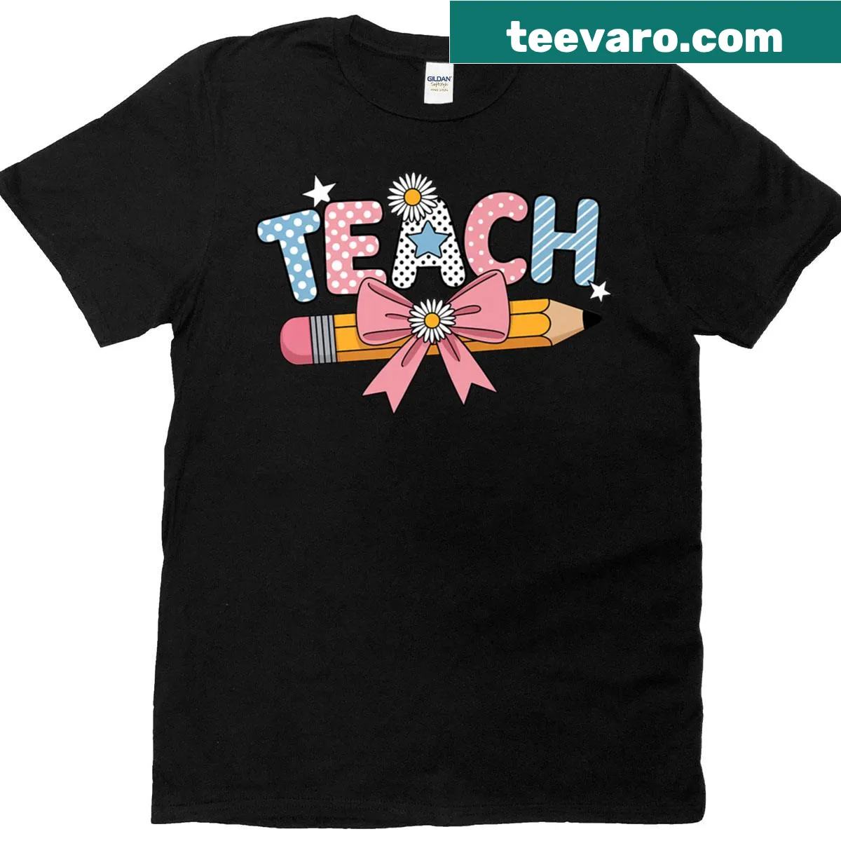 Charming illustration of teaching tools for Teach Pencil Daisy Star Bow t-shirt — on a men's t-shirt