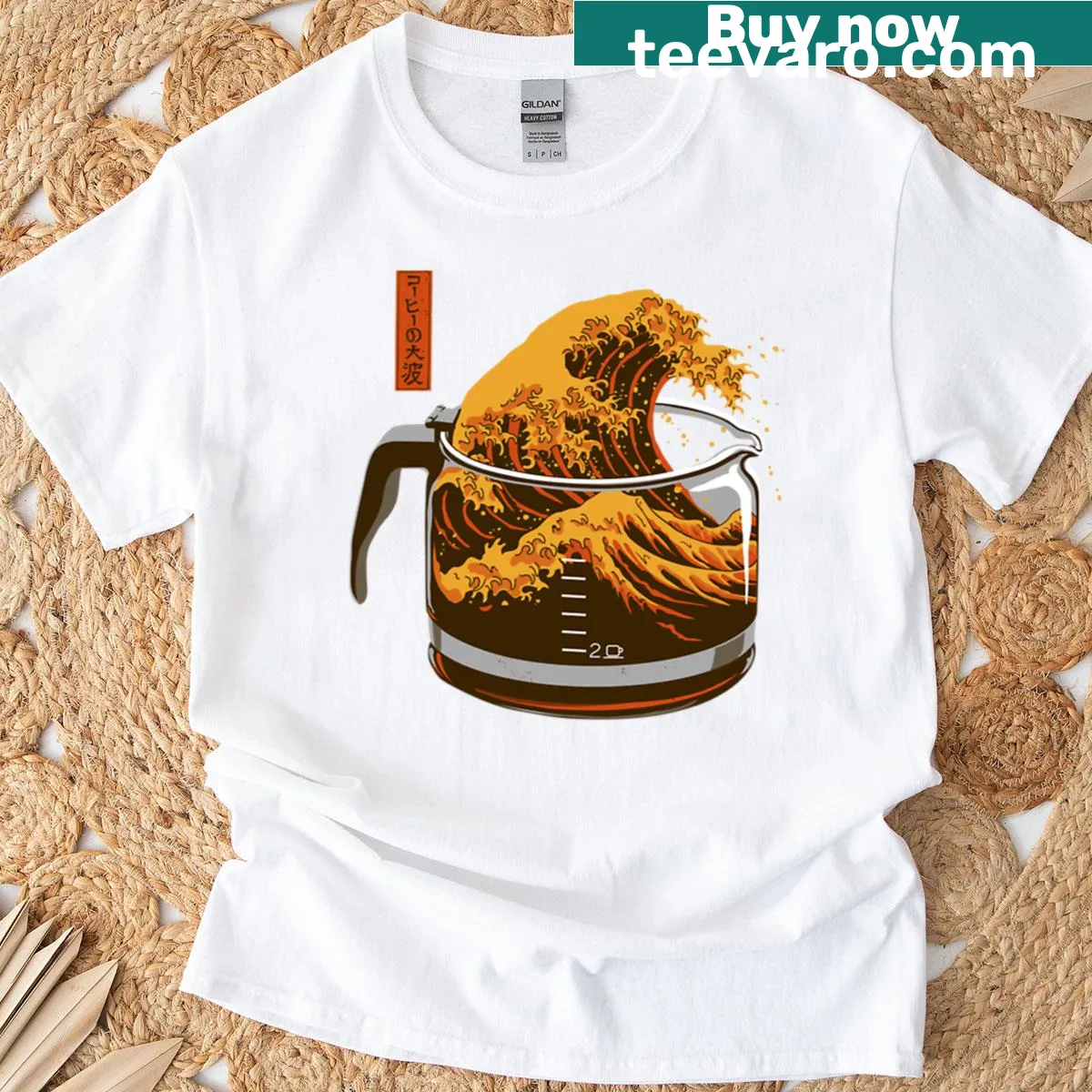 Cartoon caffeine wave graphic t-shirt — on a men's t-shirt