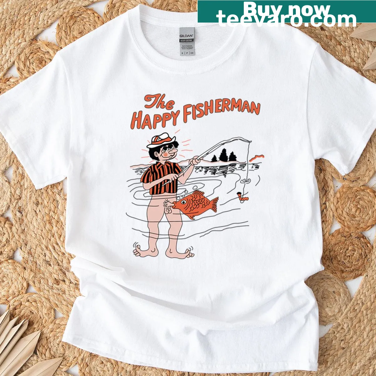 Illustration of a happy fisherman on a T-shirt — on a men's t-shirt