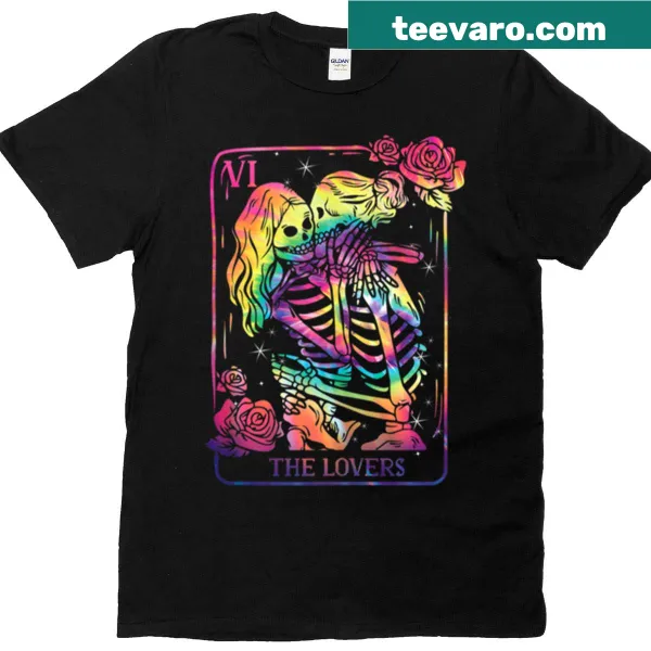 Goth-inspired oversized tee featuring kissing skeletons and the Lovers Tarot design
