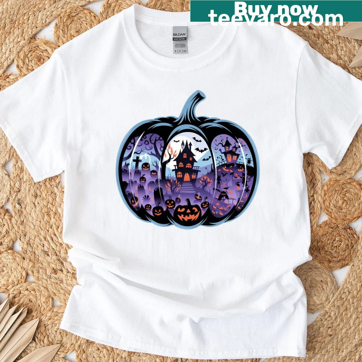 Pumpkin t-shirt featuring three magical Halloween scenes — on a men's t-shirt
