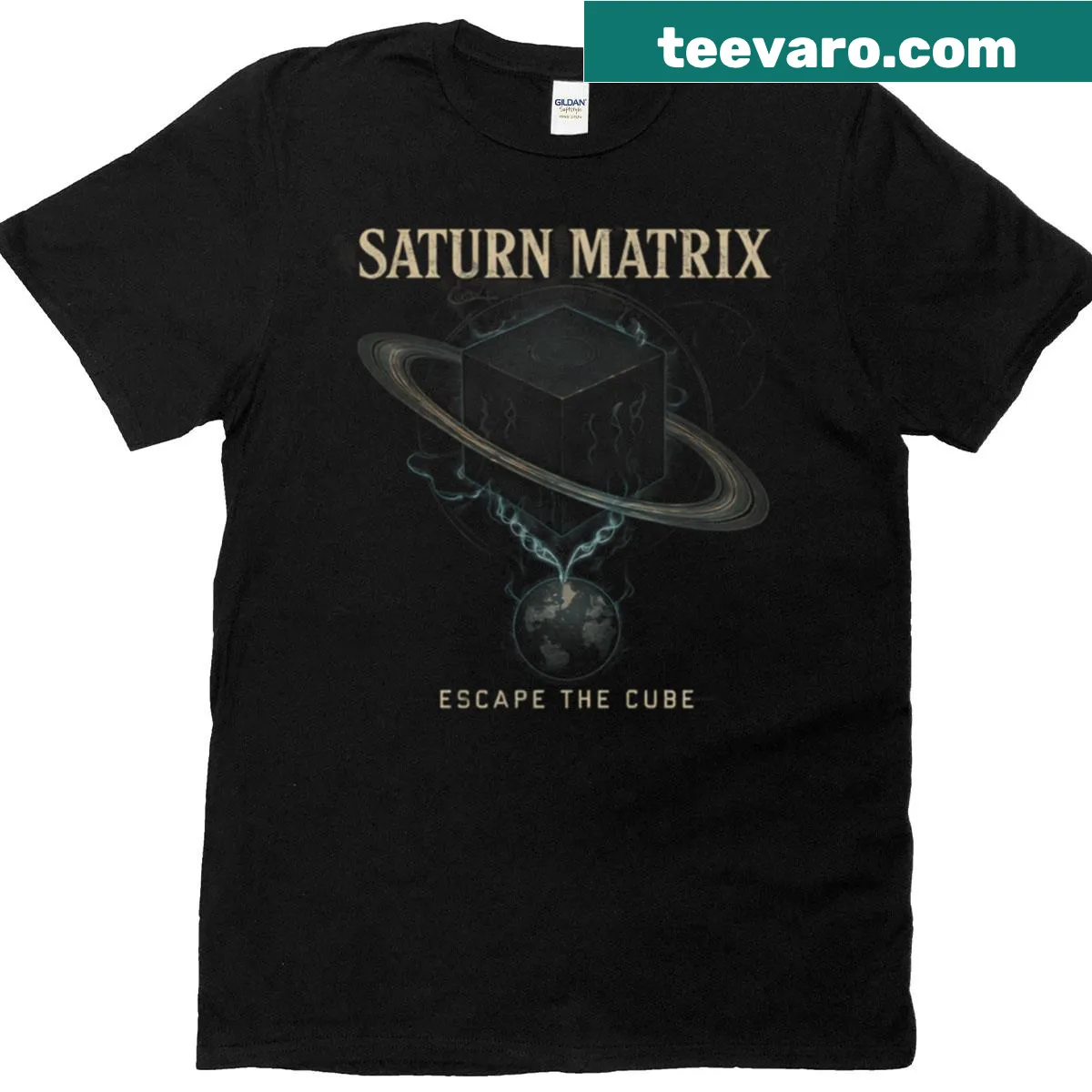 Illustrative T-shirt with Saturn and abstract escape the cube design — on a men's t-shirt