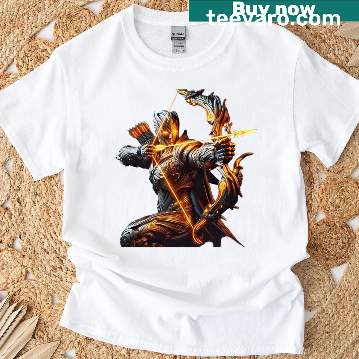 Illustrated Sagittarius warrior graphic t-shirt — on a men's t-shirt