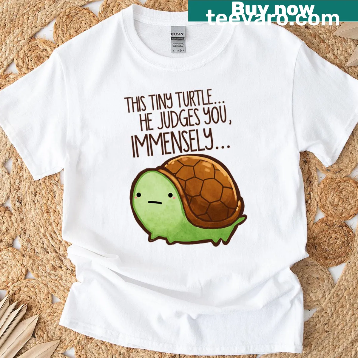 Illustrated T-shirt featuring a judging turtle with a humorous expression — on a men's t-shirt