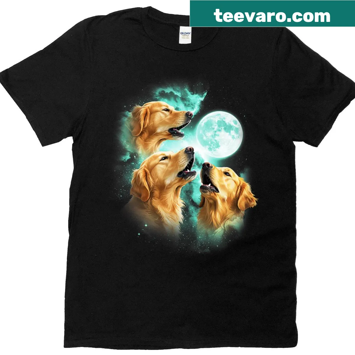 T-shirt featuring three Golden Retrievers howling at the moon — on a men's t-shirt