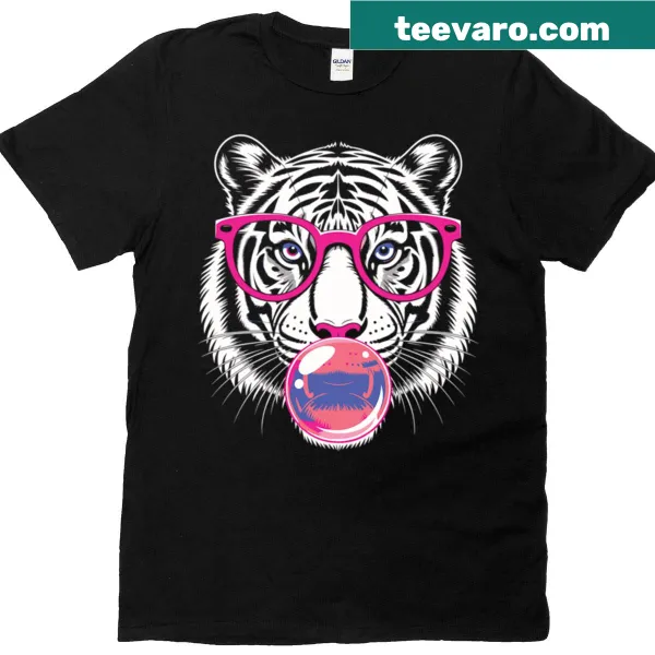 Illustration of a tiger wearing pink sunglasses on a t-shirt
