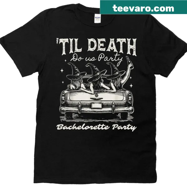 Vintage-style bachelorette T-shirt with a witch car graphic