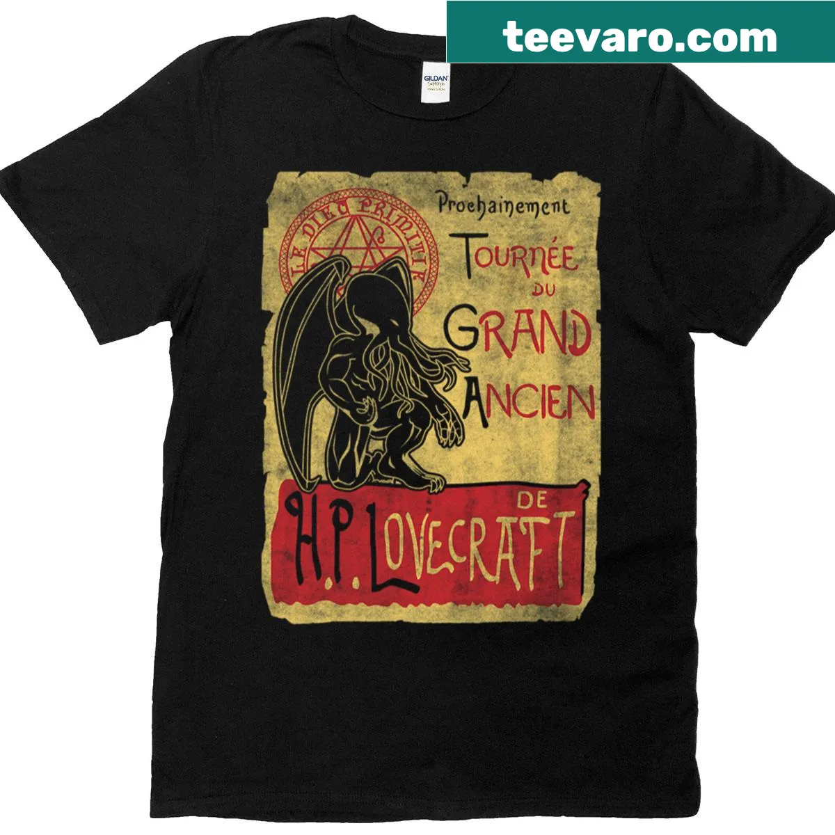 Intricate fantasy illustration on a T-shirt with the phrase Tournee Du Grand Ancien. — on a men's t-shirt