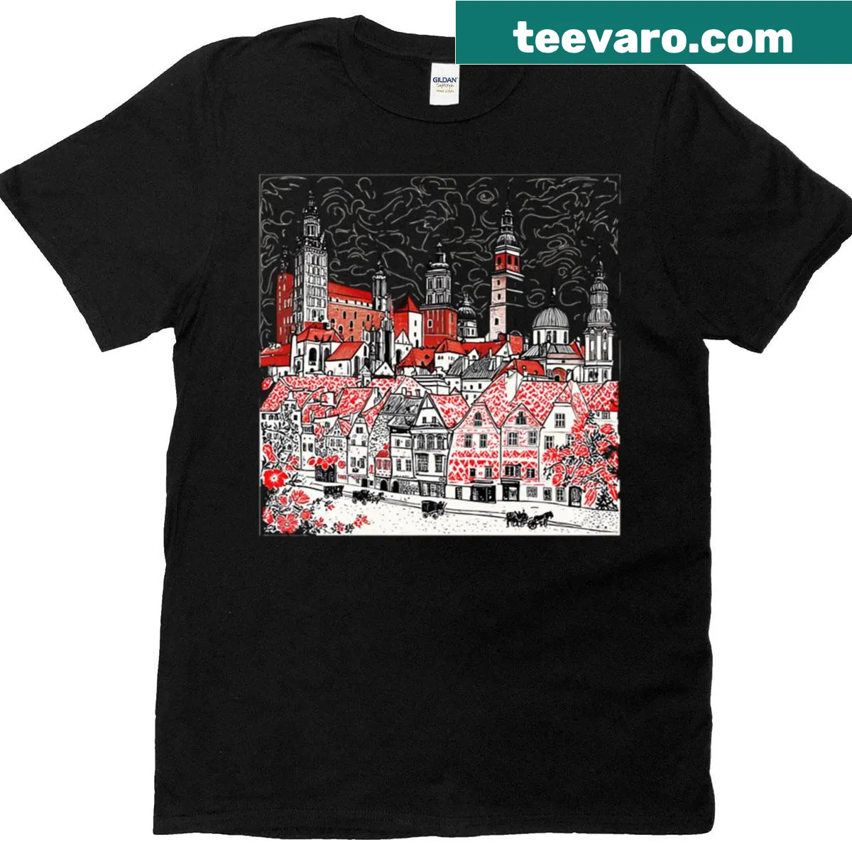 T-shirt featuring a graphic inspired by the city of Krakow — on a men's t-shirt