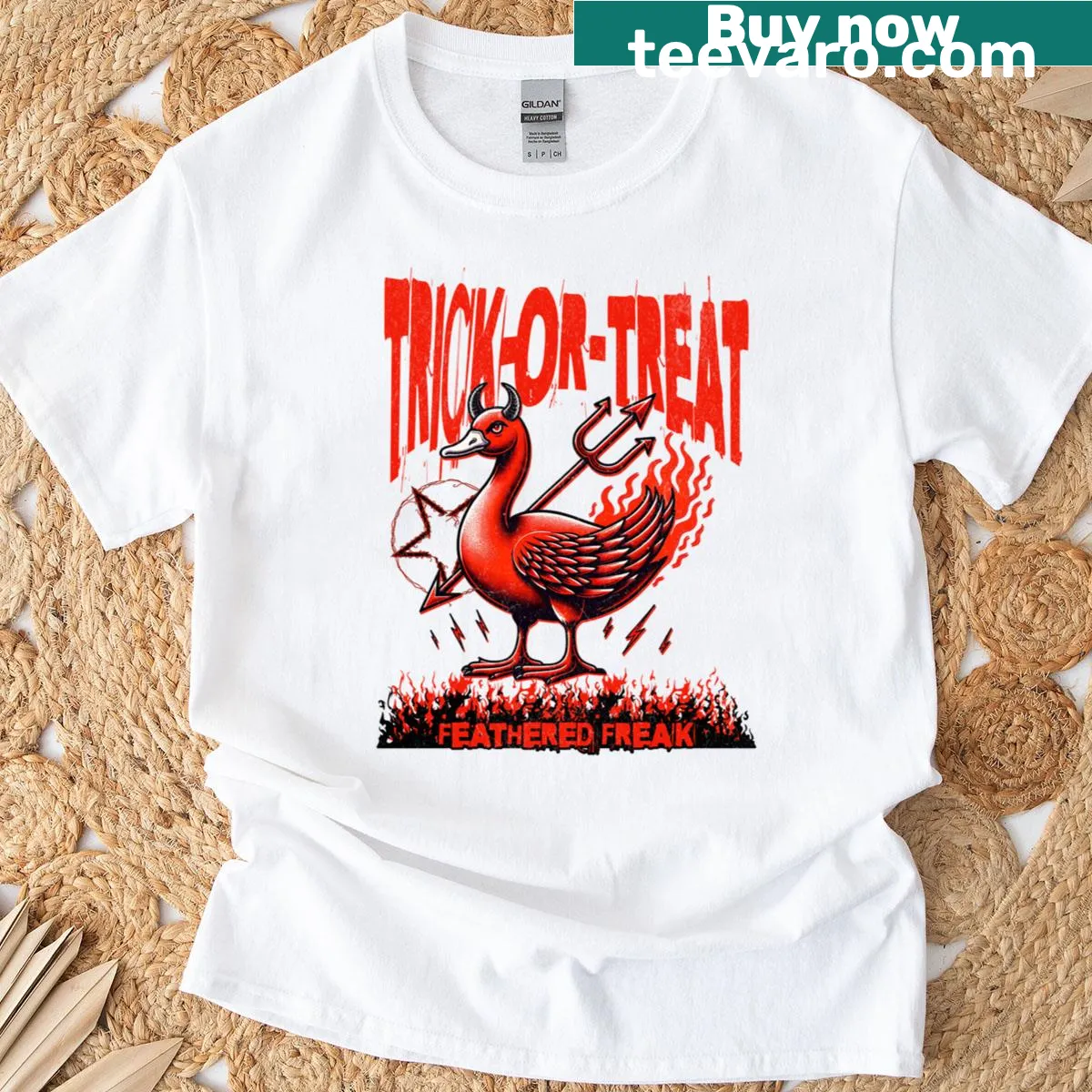 Funny Halloween t-shirt featuring a devil goose design — on a men's t-shirt