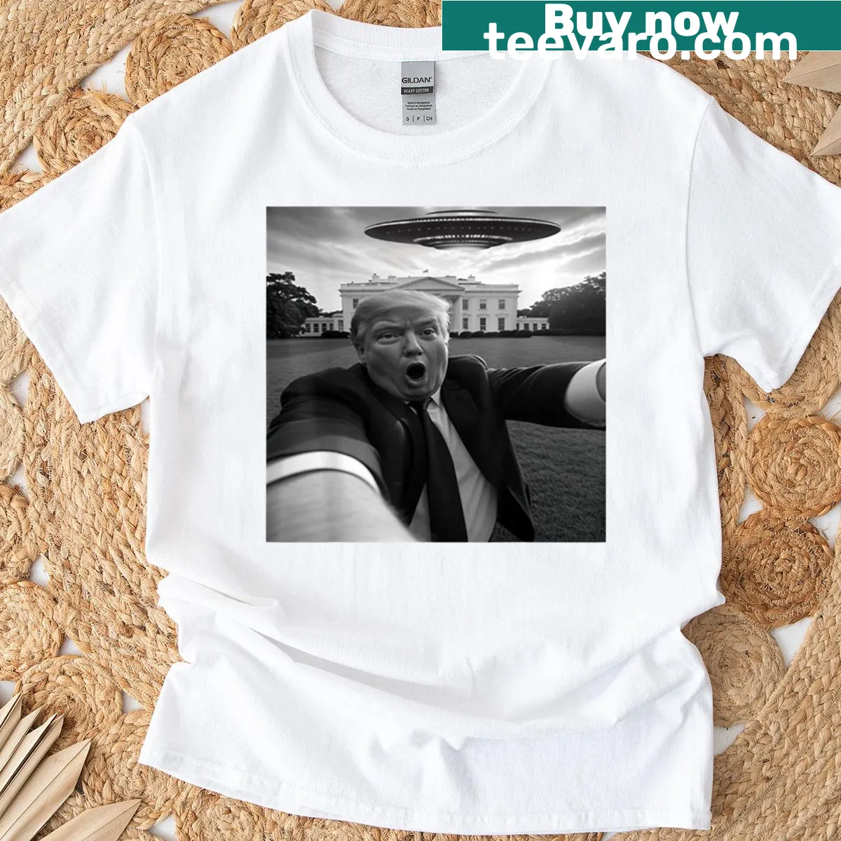 Funny Trump T-shirt featuring a selfie with an alien UFO. — on a men's t-shirt
