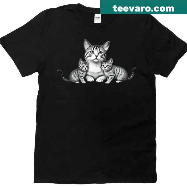 T-shirt featuring an illustration of a mother cat and her two kittens