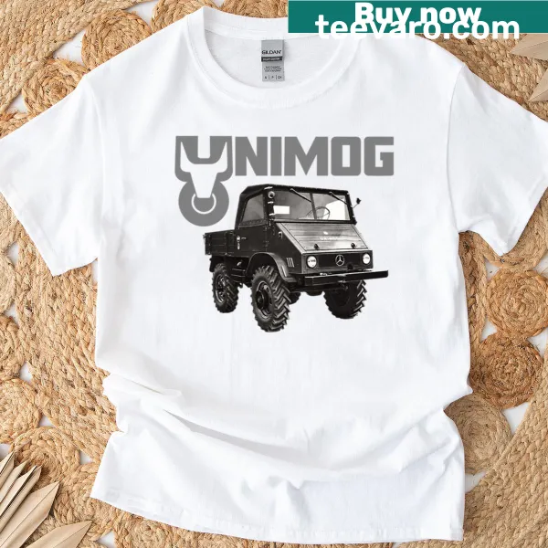 Vintage Unimog graphic t-shirt on a black background
