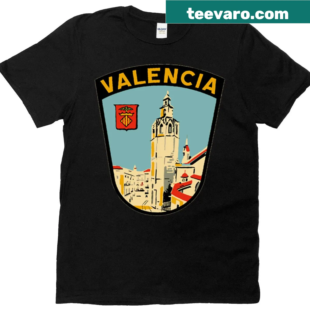 Vintage-style T-shirt featuring a graphic of Valencia, Spain — on a men's t-shirt