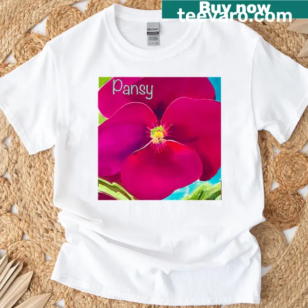 Illustration of velvety pansies on a t-shirt