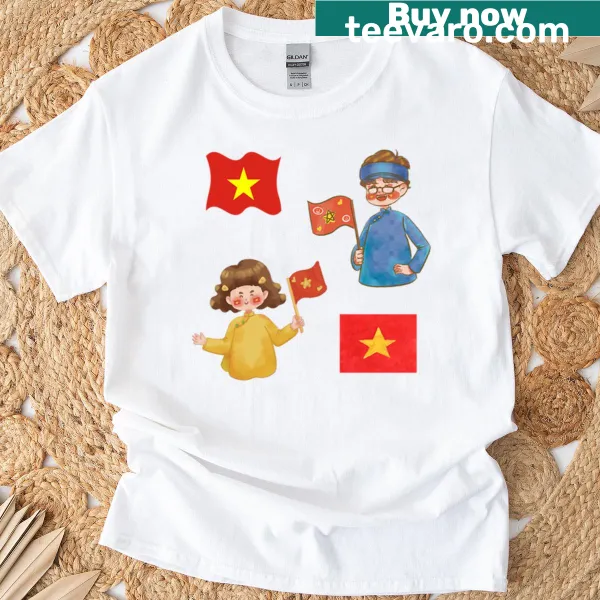 Illustration of Vietnamese chibi kids holding a flag on a t-shirt.