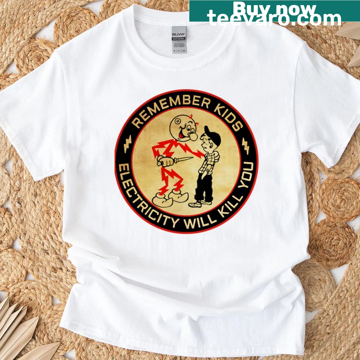 Vintage electricity safety-themed graphic on a T-shirt — on a men's t-shirt