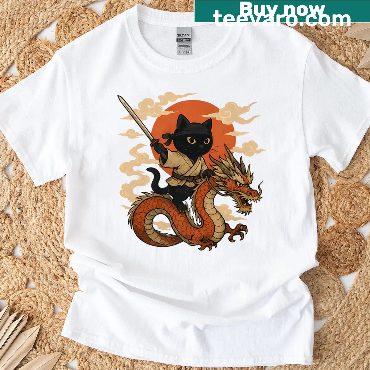 Vintage Samurai Cat Ninja t-shirt with kawaii anime design — on a men's t-shirt