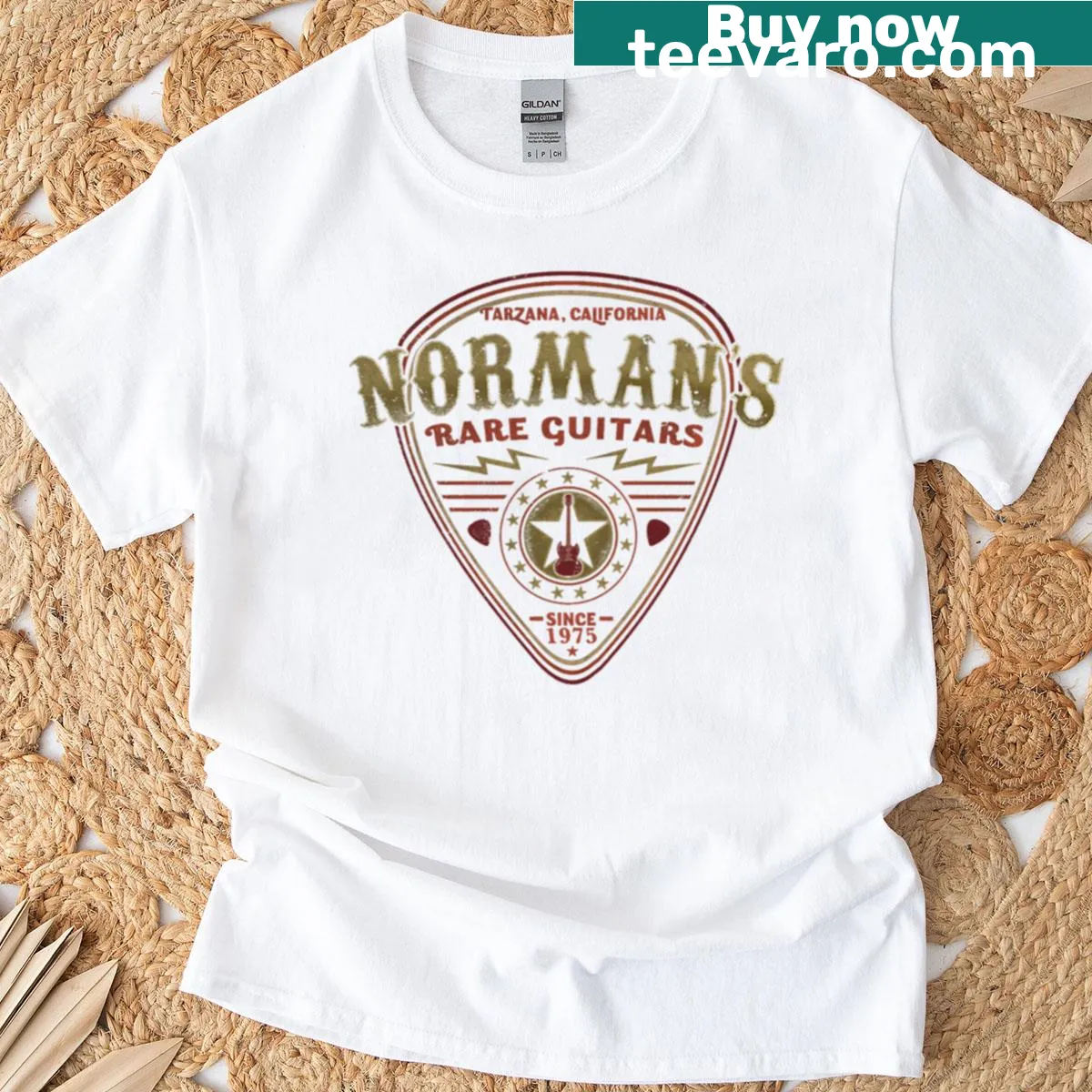 Vintage T-shirt featuring 'Vintage Norman S Rare G-uitars' graphic — on a men's t-shirt