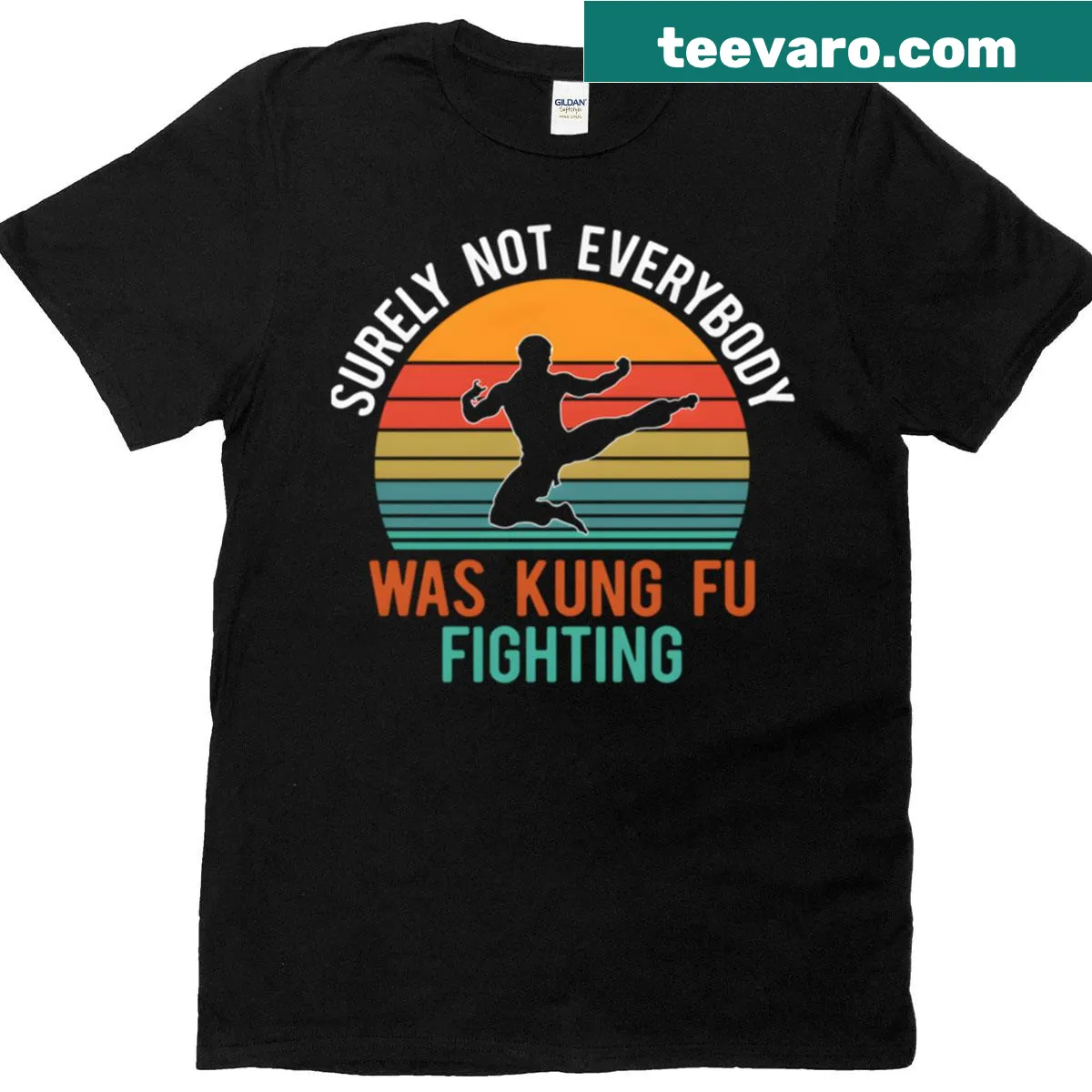 Vintage shirt featuring the phrase about kung fu fighting humorously. — on a men's t-shirt