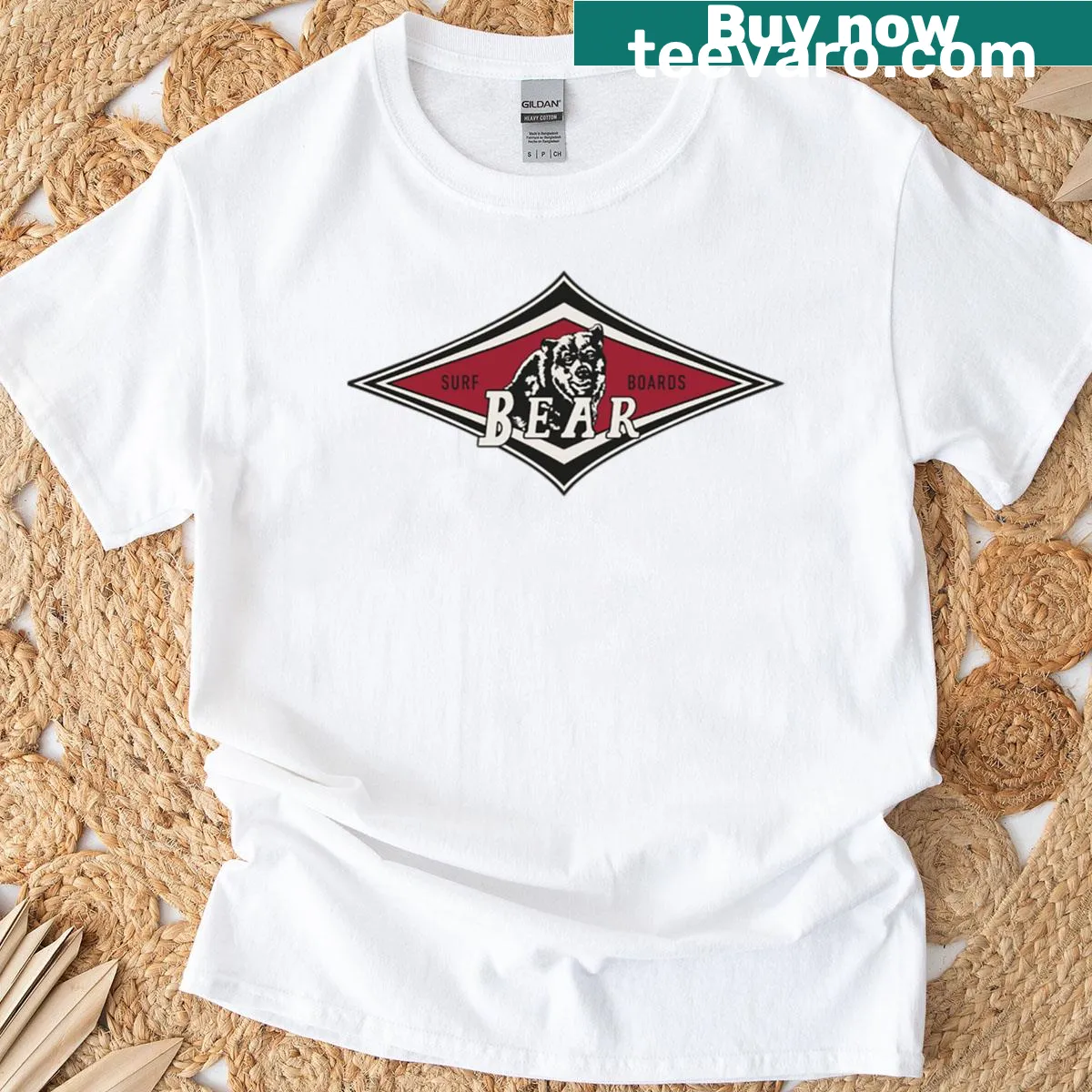 Vintage bear surfing graphic with Big Wednesday logo on T-shirt — on a men's t-shirt