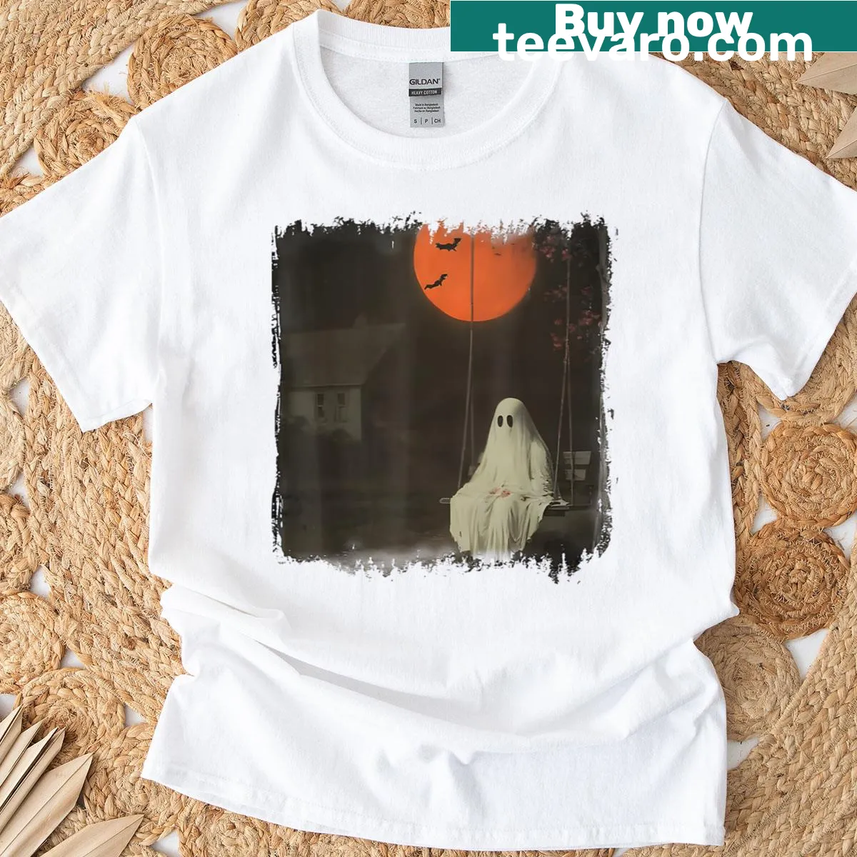 Vintage Halloween t-shirt with a cute ghost graphic saying Boo — on a men's t-shirt