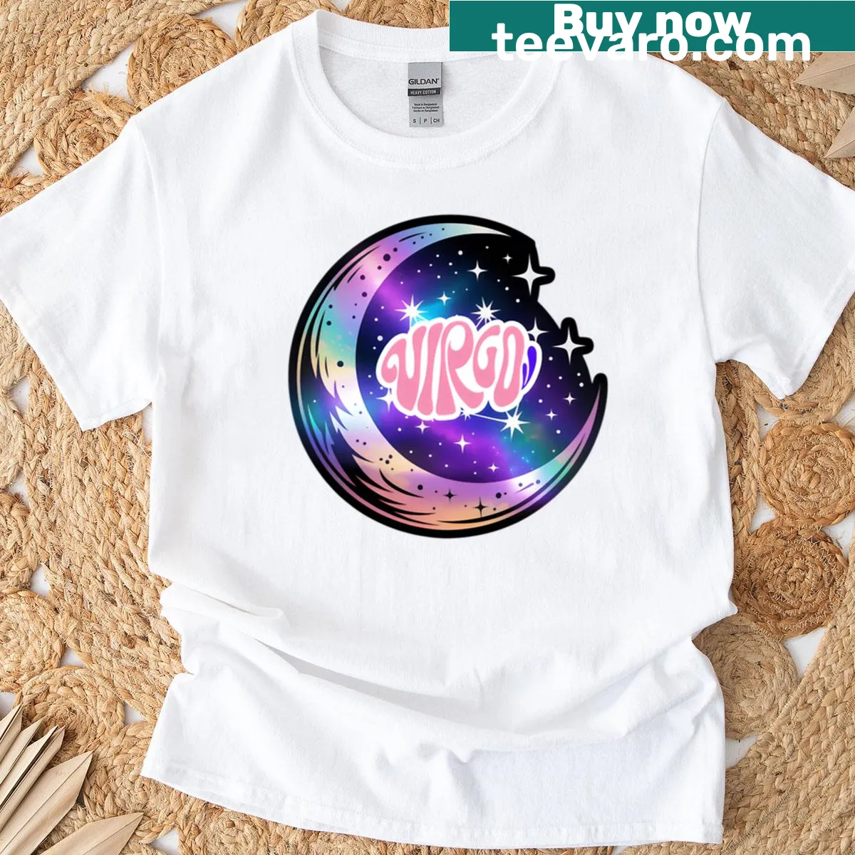 Astrology-themed oversized shirt with Virgo symbol and celestial designs — on a men's t-shirt