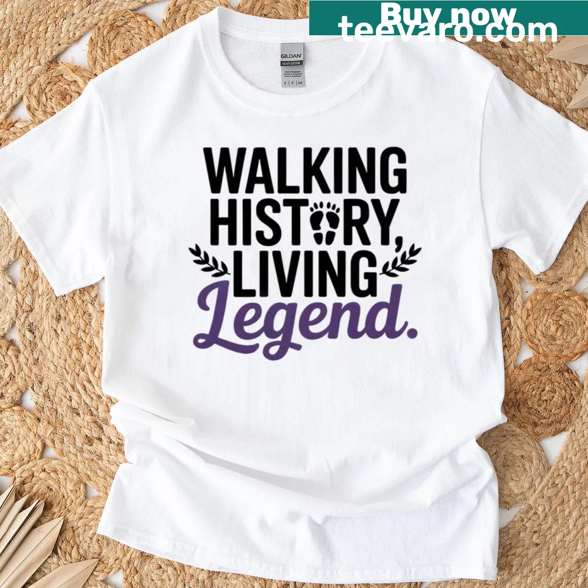 Motivational quote t-shirt featuring 'Walking History Living Legend' in bold typography — on a men's t-shirt