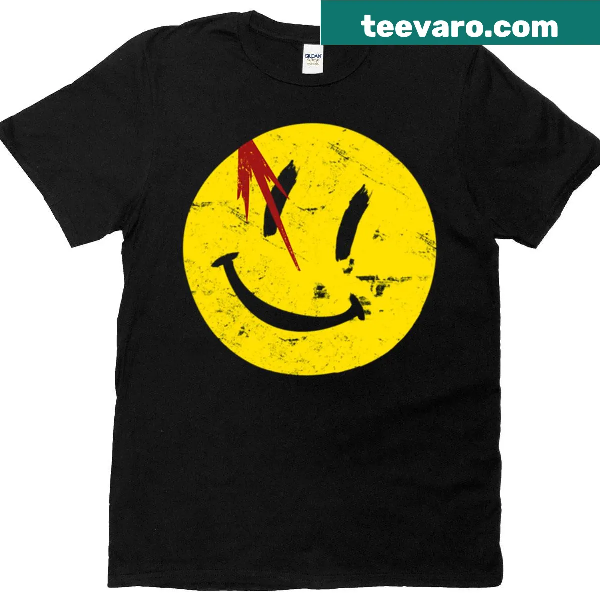 Vintage T-shirt with a Watchmen smiley face graphic — on a men's t-shirt