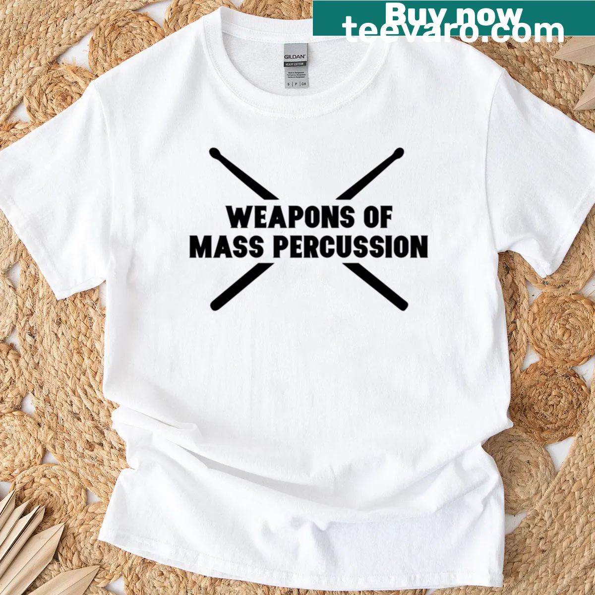 Funny drummer t-shirt with drumsticks and humorous text — on a men's t-shirt