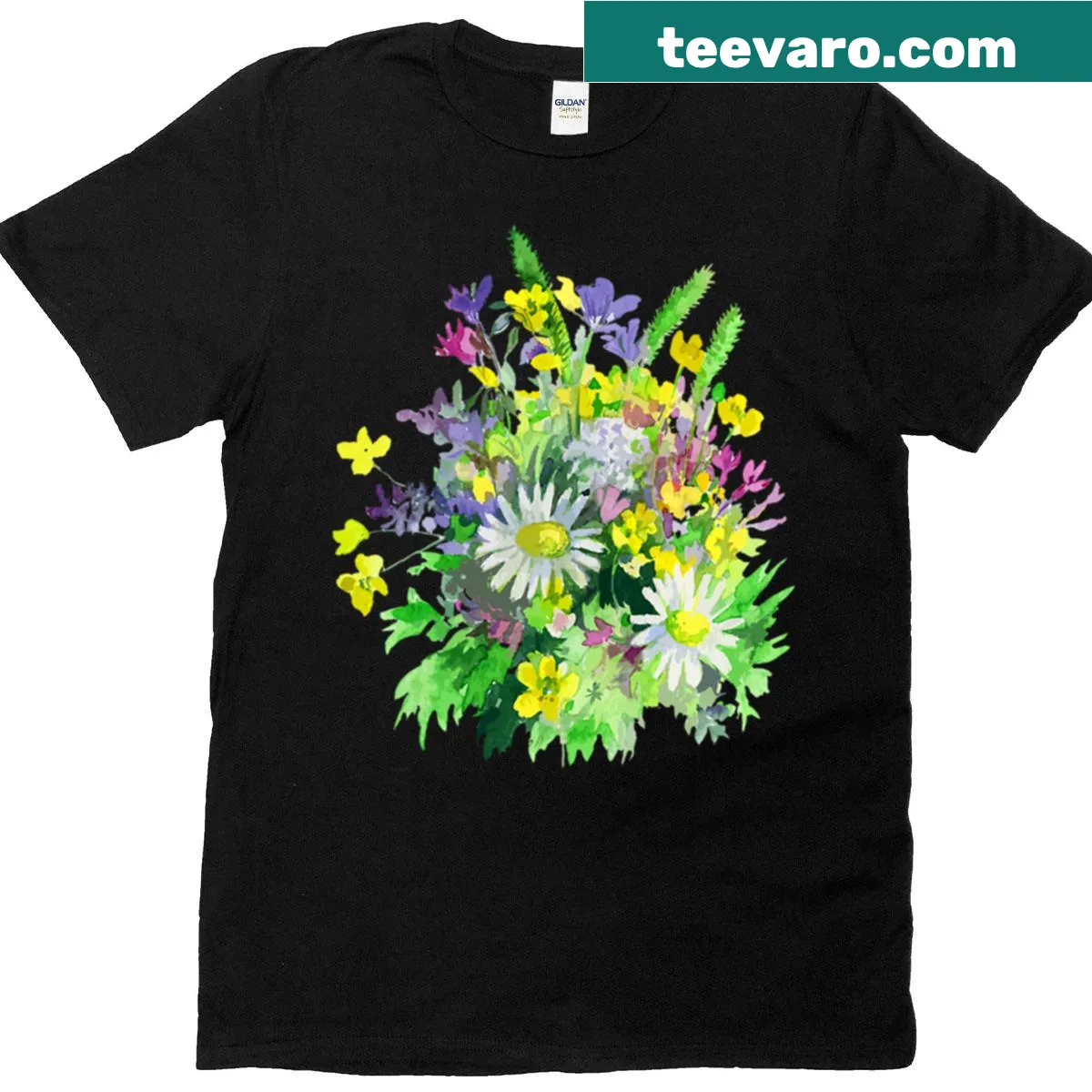 Illustrated shirt featuring a bouquet of wildflowers. — on a men's t-shirt