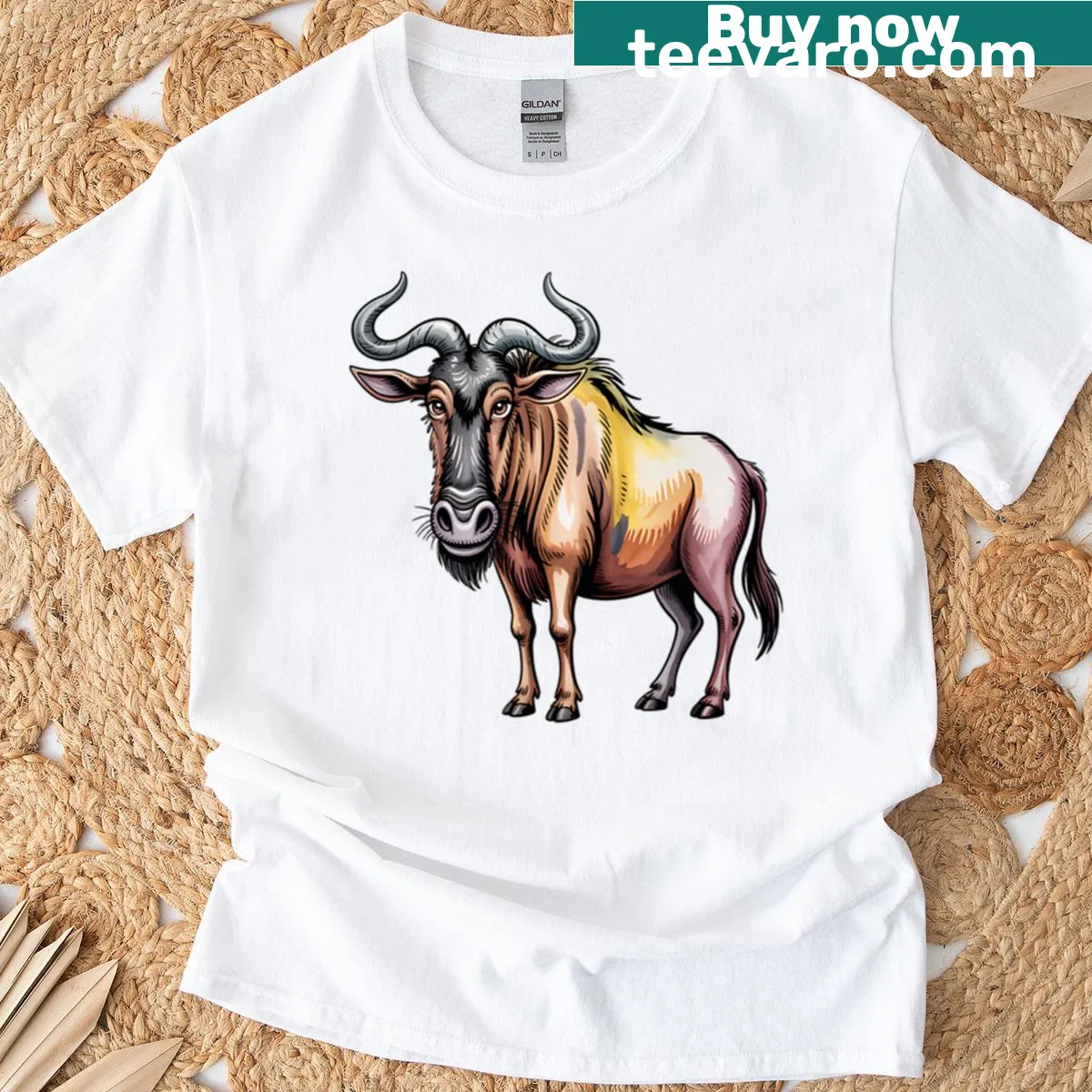 Whimsical watercolor illustration of a wildebeest on T-shirt — on a men's t-shirt