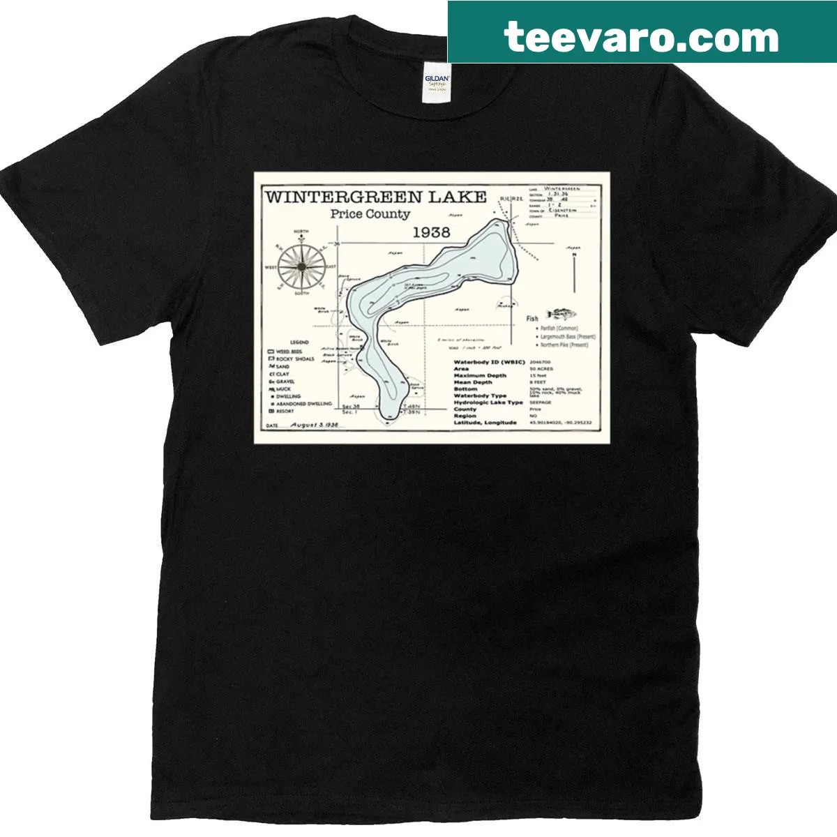 T-shirt featuring Wintergreen Lake graphic from Price County, WI — on a men's t-shirt