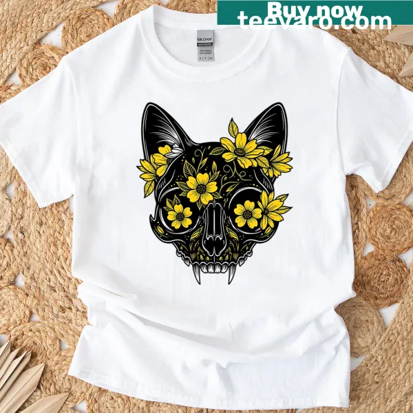 Floral cat skull graphic t-shirt with witchy theme