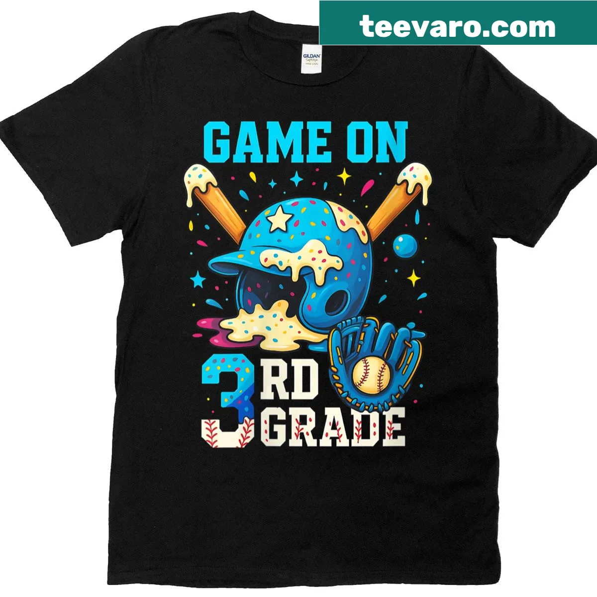 Colorful 3rd grade back to school tee with baseball and ice cream graphic — on a men's t-shirt