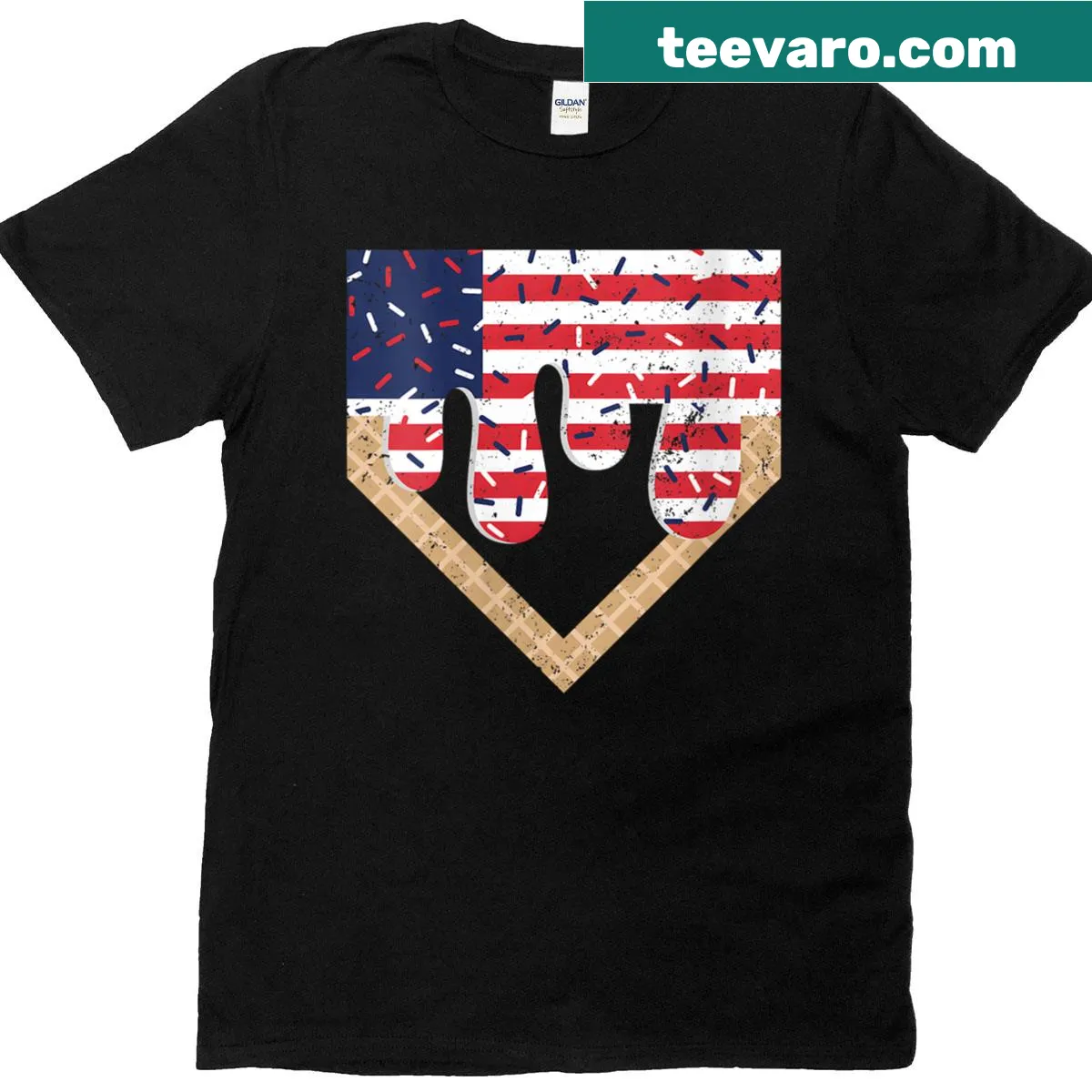 Patriotic T-shirt featuring a boy with ice cream and American flag design. — on a men's t-shirt