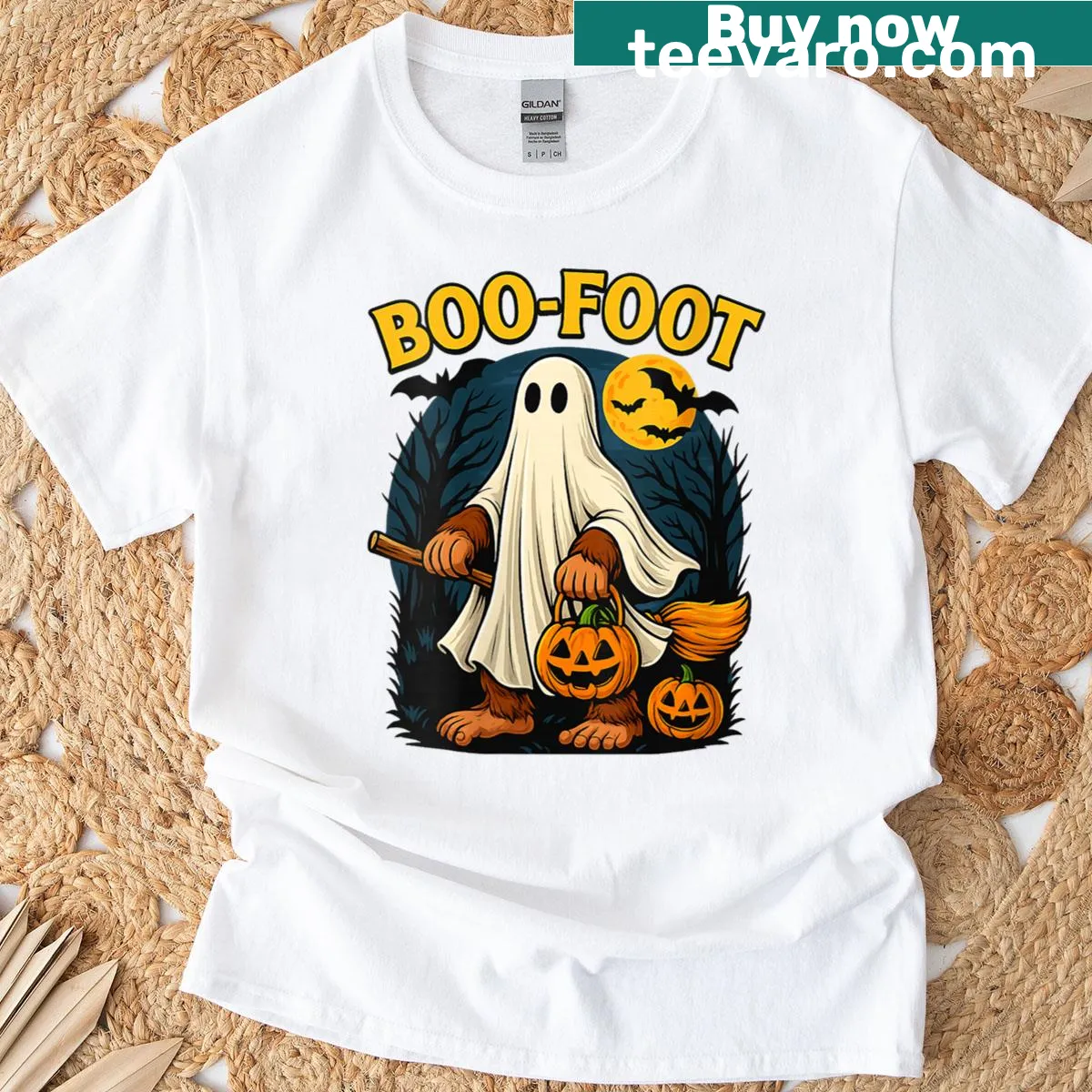 Funny Bigfoot ghost T-shirt for Halloween with cartoon design — on a men's t-shirt