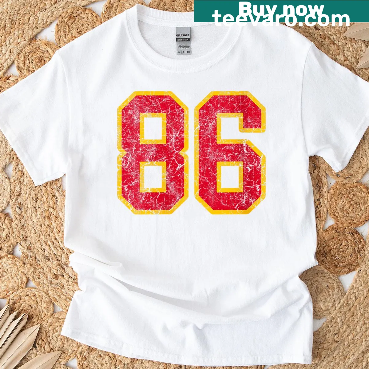 Bright red T-shirt featuring number 86 jersey design — on a men's t-shirt