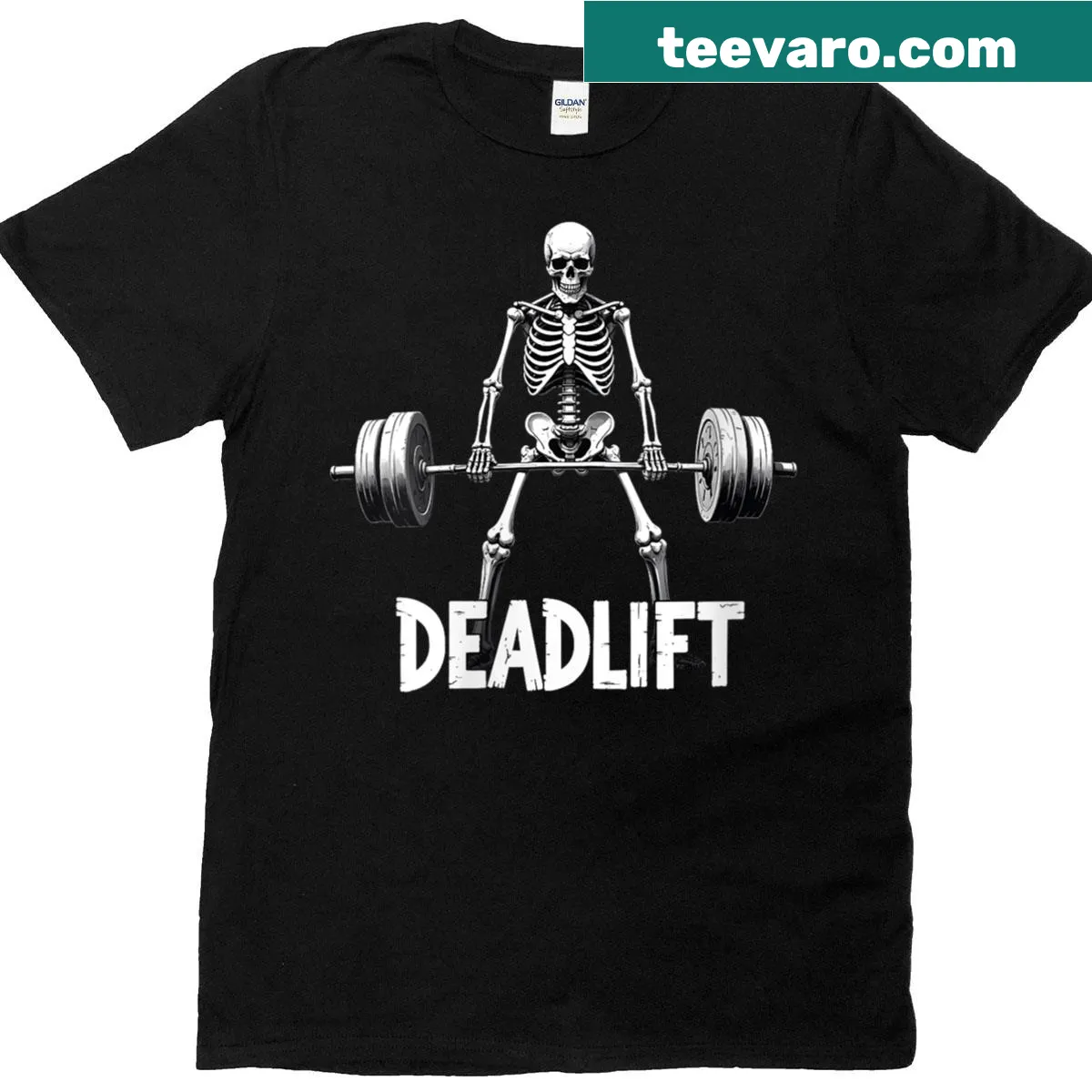 Skeleton deadlifting graphic t-shirt for Halloween — on a men's t-shirt