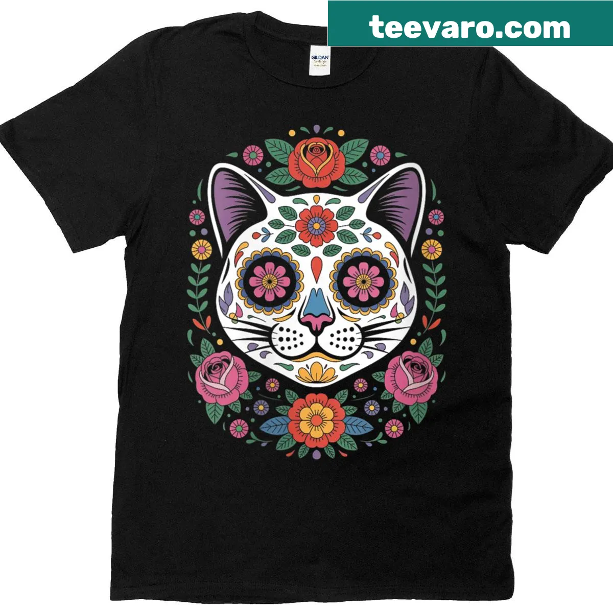 Floral cat sugar skull design for Día de Los Muertos. — on a men's t-shirt