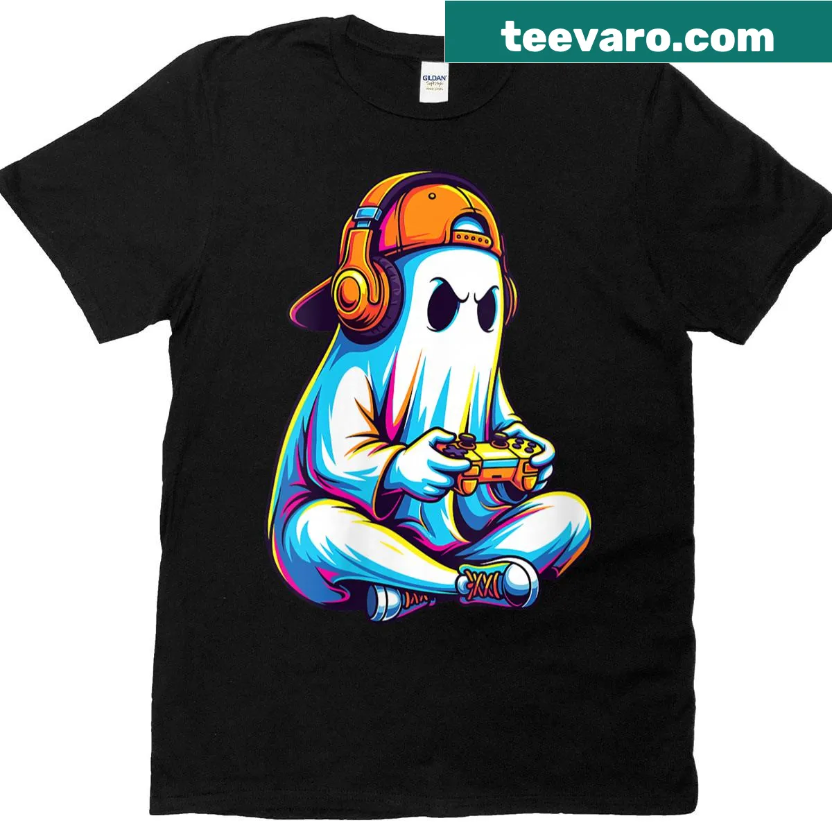 Funny gaming ghost with headset and controller graphic T-shirt — on a men's t-shirt