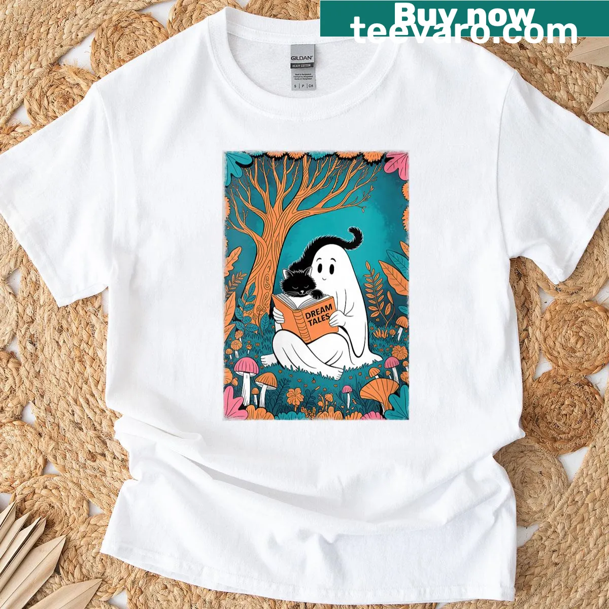 Cartoon ghost reading a book with a black cat for Halloween — on a men's t-shirt