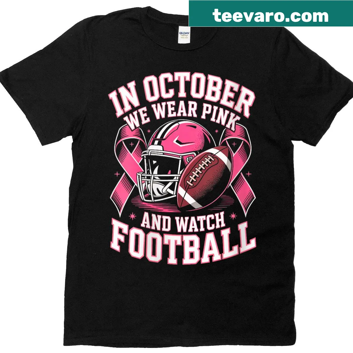 Breast cancer awareness t-shirt with football graphic and pink text — on a men's t-shirt