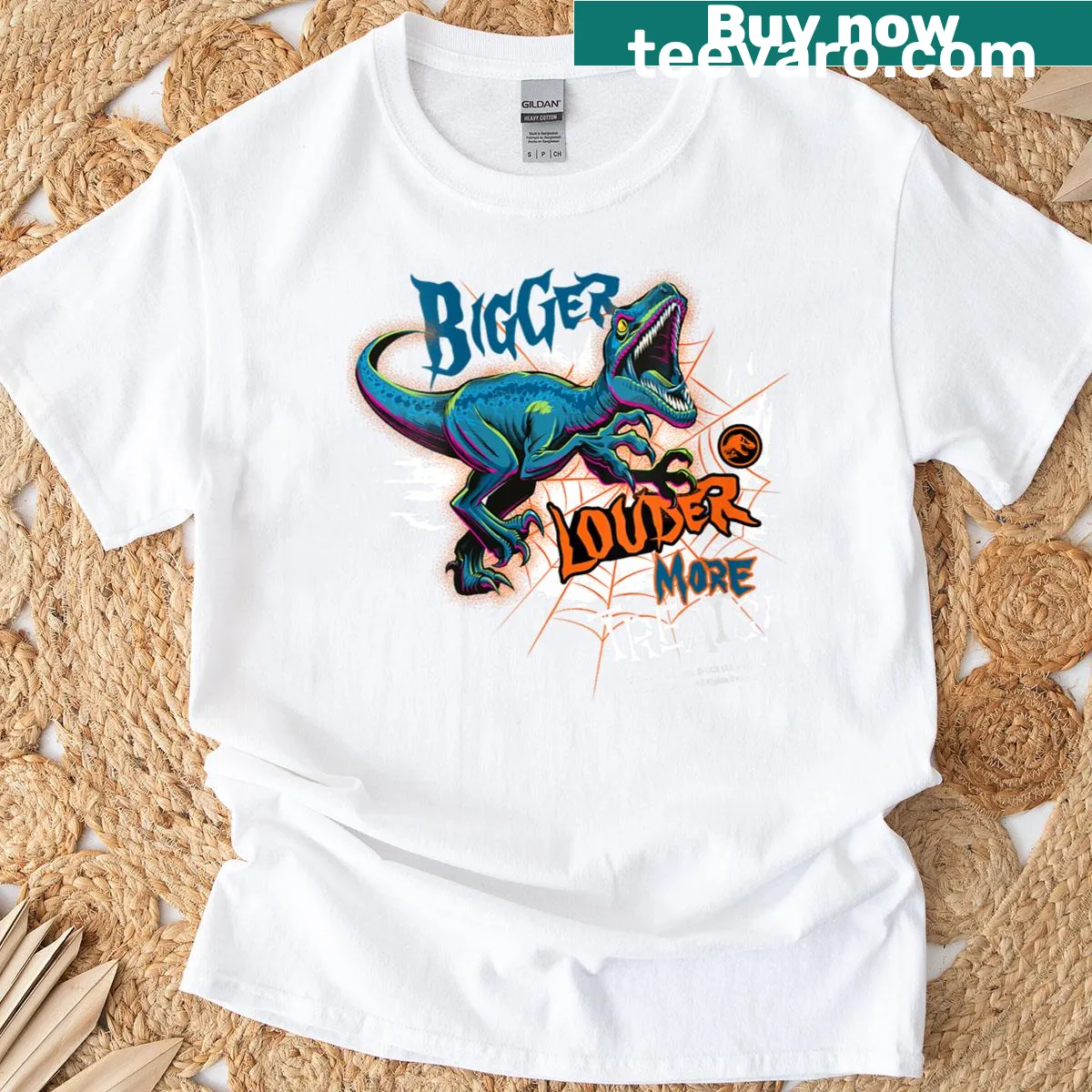 Jurassic Park-themed Halloween shirt with playful graphics. — on a men's t-shirt