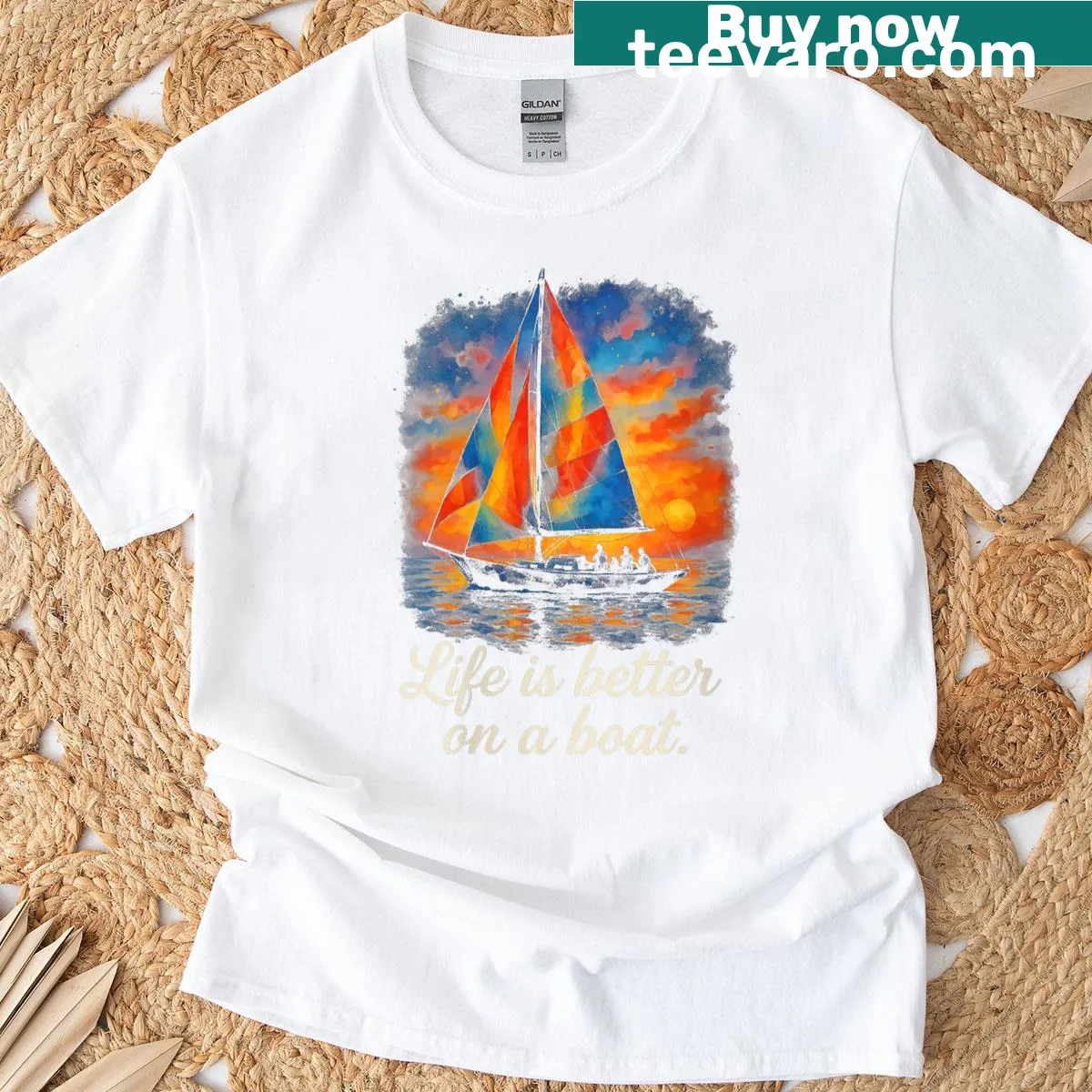 Nautical-themed T-shirt with a sunset and sailing graphic — on a men's t-shirt