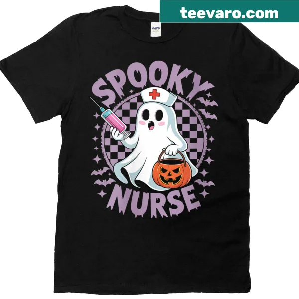 Funny Halloween t-shirt for nurses with spooky medical design.