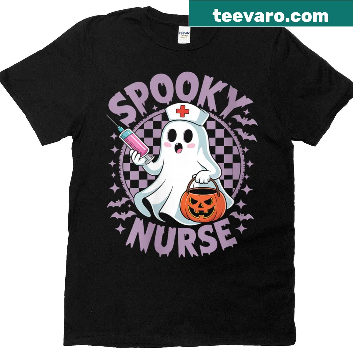 Funny Halloween t-shirt for nurses with spooky medical design. — on a men's t-shirt