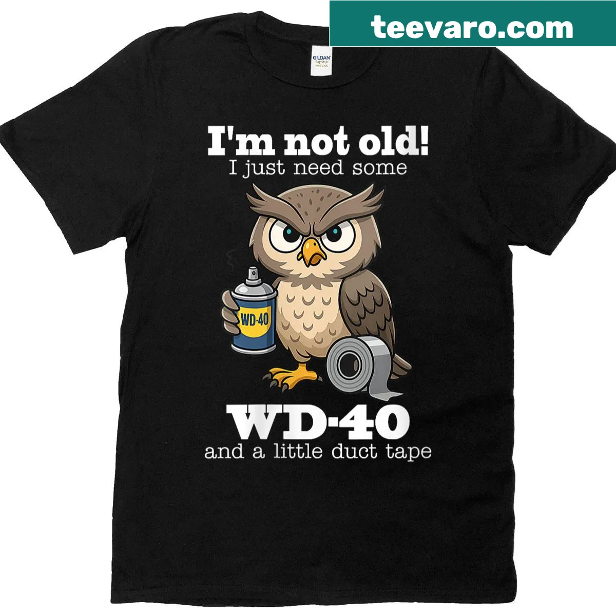 Funny owl-themed t-shirt with humor about aging. — on a men's t-shirt