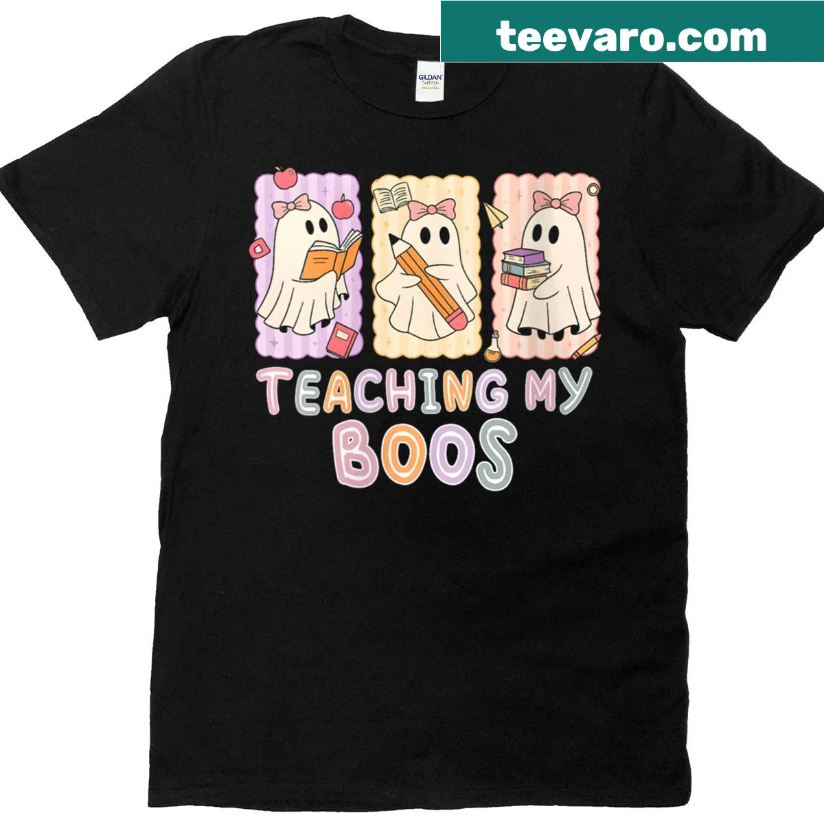 Cute ghost graphic with 'Teaching My Boos' on a vintage-style teacher t-shirt — on a men's t-shirt