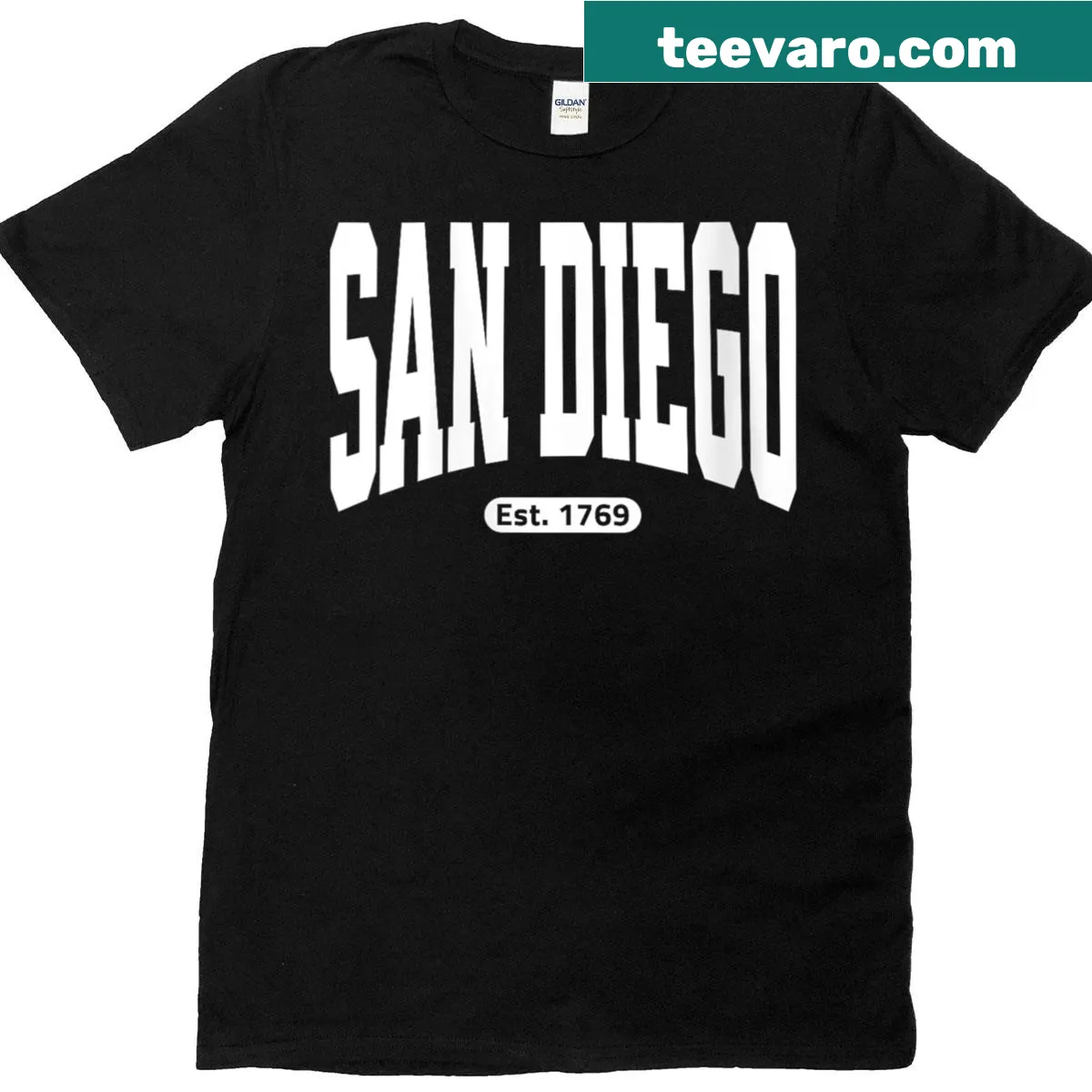 Varsity style t-shirt for women with San Diego established 1769 text — on a men's t-shirt